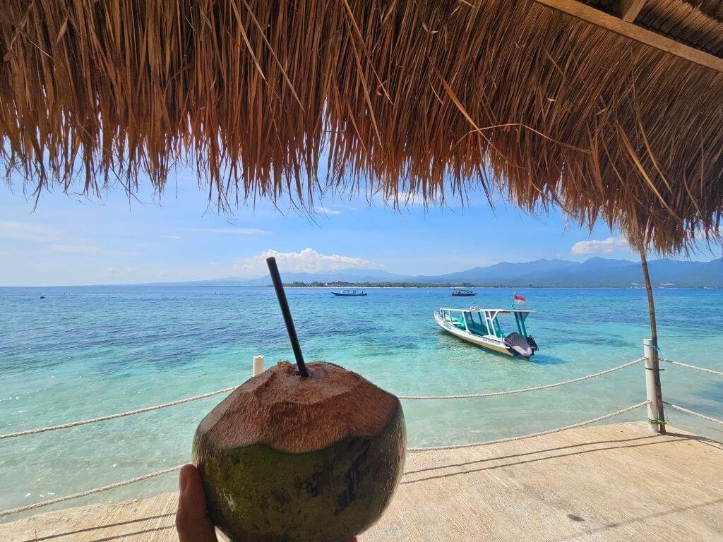 Kokosnoot in hand met uitzicht op het bountystrand van Gili Air met kinderen